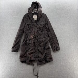 Ruehl No 925 Jacket Women Large Brown Hooded Cotton Twill Pockets Utility FLAWS